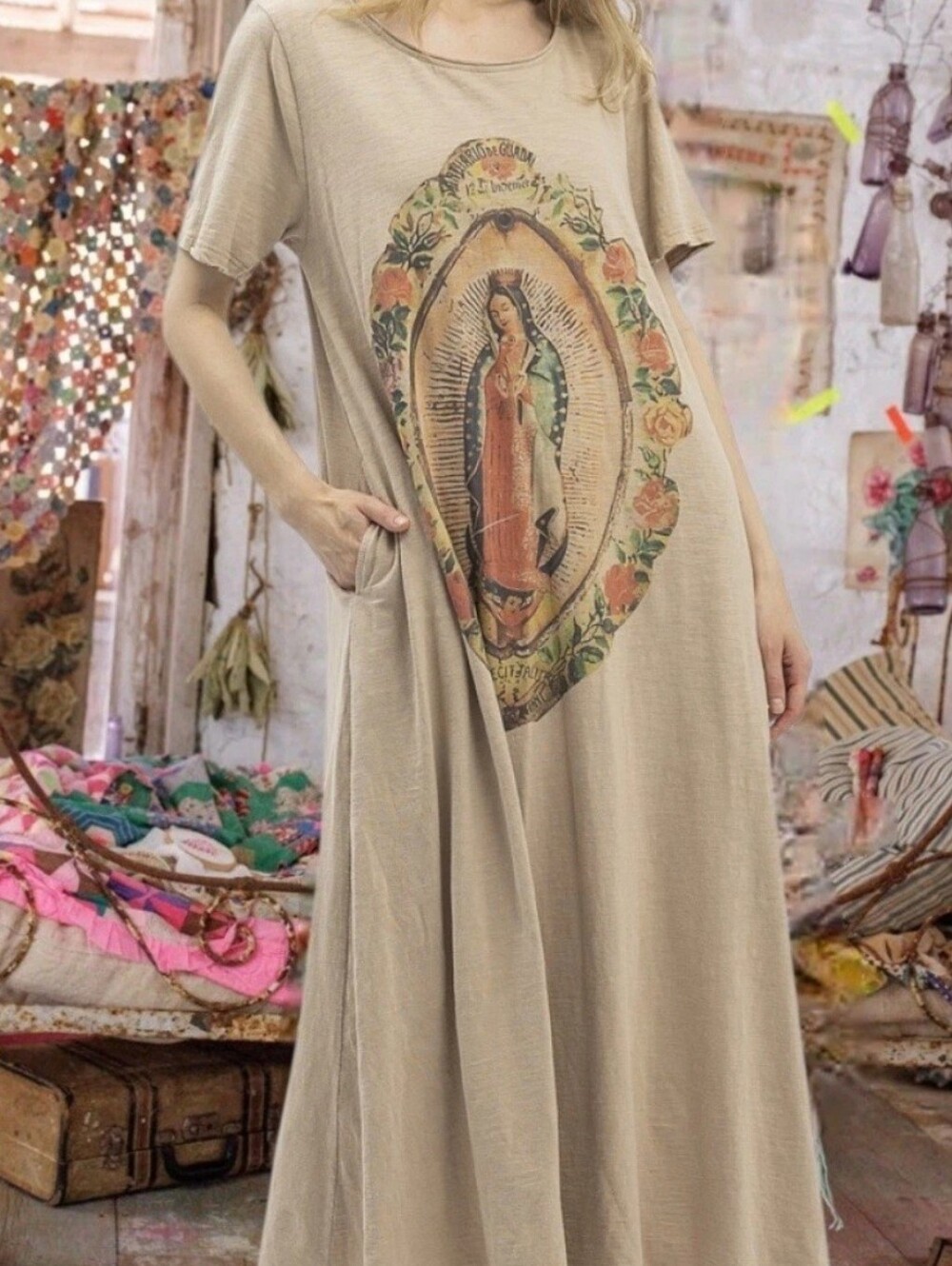 Magnolia Style Free Relaxed Beige Bohemian Long boho Maxi Dress with Pockets L !